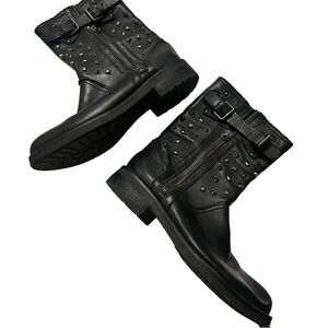 Geox Black Respira Virna Leather Plaid Lined Silver Spikes Moto Boots Sz 6 / 37